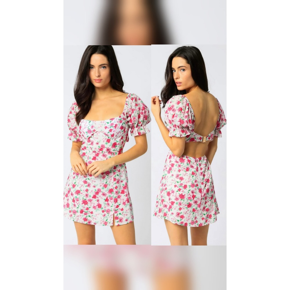 Olivaceous Adeline Floral Pink & White Open Back Mini Dress ~ Medium